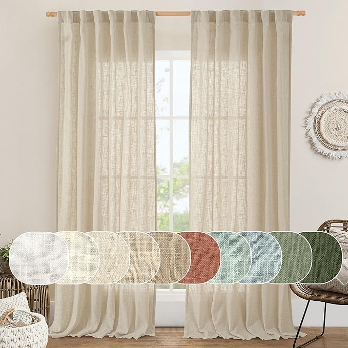 Light Filtering Linen Curtains 102 inches Long, Semi Sheer Panels | Linen Textured, Natural Boho Drapes for Living Room, Bedroom, Farmhouse, Rod Pocket Back Tab, Linen, 2 Panels, 52 x 102 Inch