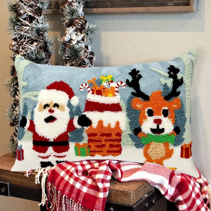 Alysheer Christmas Santa Deer Lumbar Decorative Throw Pillow Cover 12"x 20",Tufted Embroidered Pattern Cozy Cotton Cushion Case for Sofa Couch Living Room Holiday Decor
