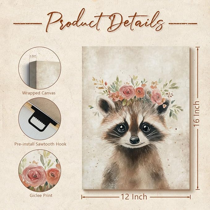 Cute Raccoon Print Wall Art Decor Retro Animal Portrait Poster Funny Raccoon with Wreath Picture Painting Farmhouse Woodland Animal Artwork for Baby Room Nursery Home Office Decoration 12x16inch