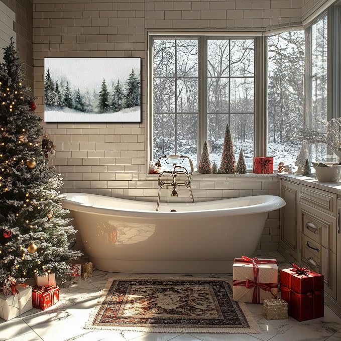 Framed Christmas Wall Art 8x12 inch, Pine Tree Artwork Christmas Decoration Indoor, Rustic Landscape Snow Winter Forest Painting Canvas Print Wall Picture for Living Room Decor