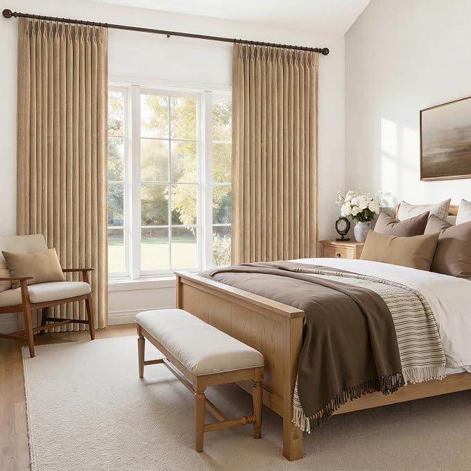 Pinch Pleated Rust Brown Semi Sheer Bedroom Curtains 96 Inches Long 2 Panels Set, Memory Trained Linen Blend Light Filtering Natural Curtain Farmhouse Viral Window Drapes for Dining Room 8FT Length