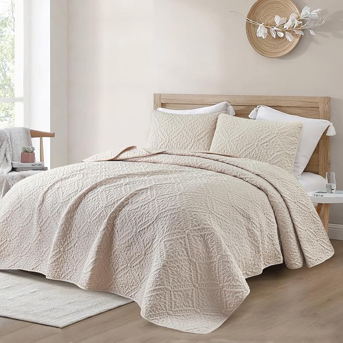Exclusivo Mezcla California King Quilt Set, Brich Beige | Lightweight Soft Bedspreads Coverlets, All Season Bedding with 2 Pillow Shams, Modern Style for Bedroom Guest Room