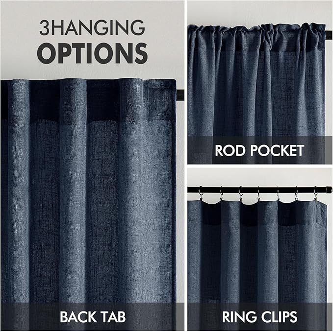 MIULEE Navy Blue Linen Curtains 52x108 Inch Length 2 Panels for Bedroom | Living Room, Soft Thick Linen Textured Natural Window Drapes, Semi Sheer Light Filtering, Back Tab Rod Pocket, Burlap Look
