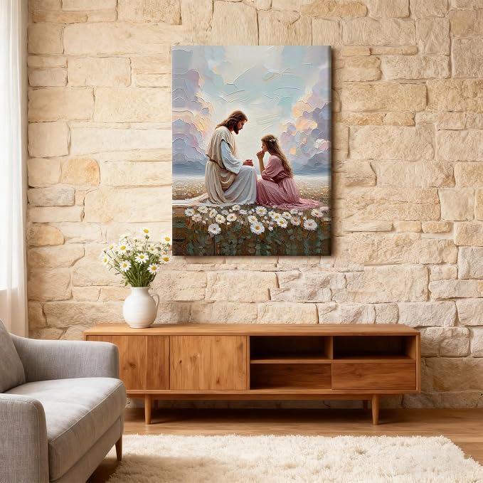 AUUAUU Jesus and Girl Prayer Wall Art Christian Canvas Prints 16x24 Inches | Religious Oil Painting Inspirational Artwork Picture Prints Christmas Wall Decor for Living Room Girl's Bedroom Ready to Hang