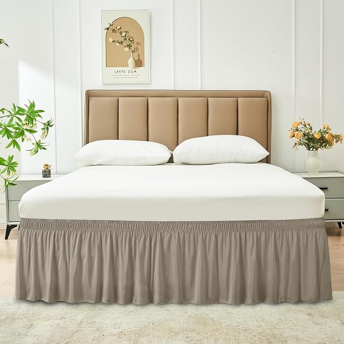 Wrap Around Queen Size Bed Skirt 15 Inch Drop-Elastic Dust Ruffle Taupe | Adjustable Pleated Bedskirt-Easy Fit Wrinkle Resistant Washable Hotel Quality Fabric Bed Skirting-Master Guest Bedroom Rental