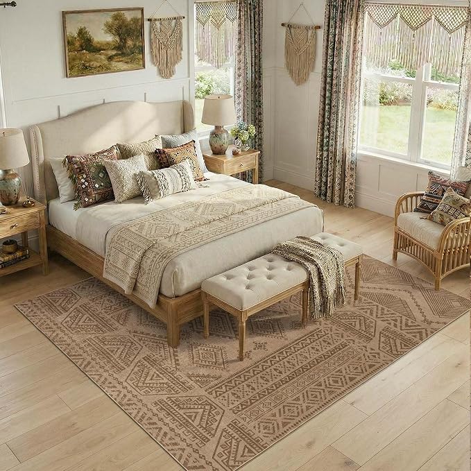 jinchan 8x10 Faux Jute Area Rug Washable Boho Living Room Rug Natural Taupe | Southwestern Geometric, Non-Slip, Low Pile, Indoor Outdoor, Natural Fiber Look, Dining Room, Deck, Backyard, Bedroom, Patio
