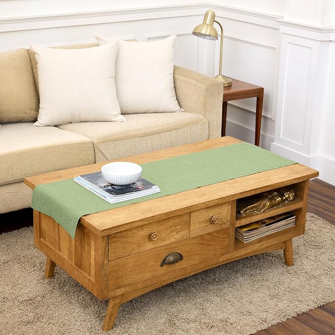 Solino Home 100% Pure Linen Table Runner Olive Woven, Athena 14 x 60 in | dresses up dining tables for everyday meals, European flax fibres, machine washable, Chambray Olive, soft, OEKO-TEX Certified