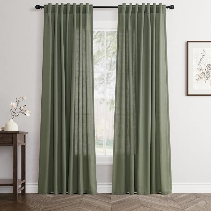Jowels Olive Green Linen Curtains 82 Inch Long 2 Panels for Living Room | Loden Light Filtering Semi Sheer Curtain, Back Tab Pocket Pleated Look,Farmhouse Textured Privacy Drapes for Bedroom Window