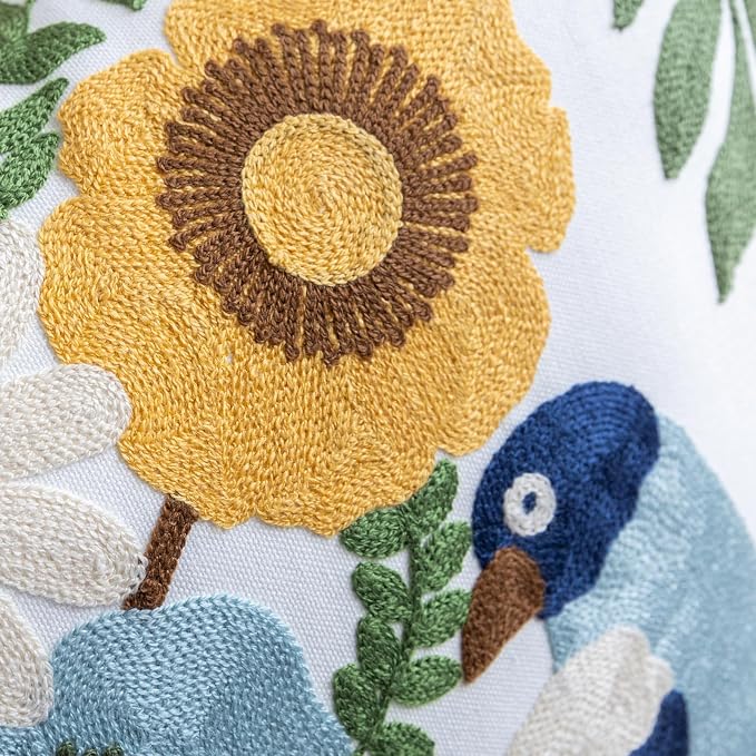 YIcabinet Pack of 2 Throw Pillow Covers,Flower and Bird Pattern Embroidered Pillow Case Soft Decorative Pillowcases for Home Sofa Couch 18x18 Inch