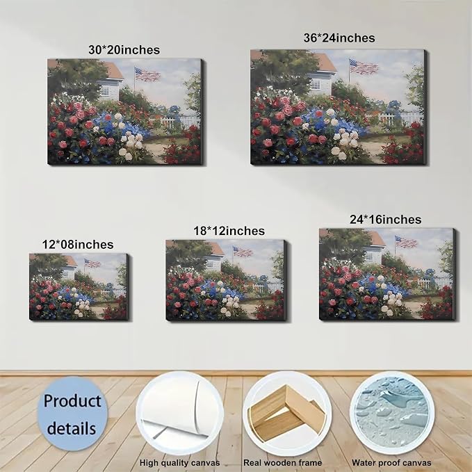 Framed American Flag Cottage Rose Garden Wall Art, Patriotic Floral Canvas Art Pictures, USA Flag Wall Decor for Living Room Bedroom Bathroom, Ready to Hang Made in USA