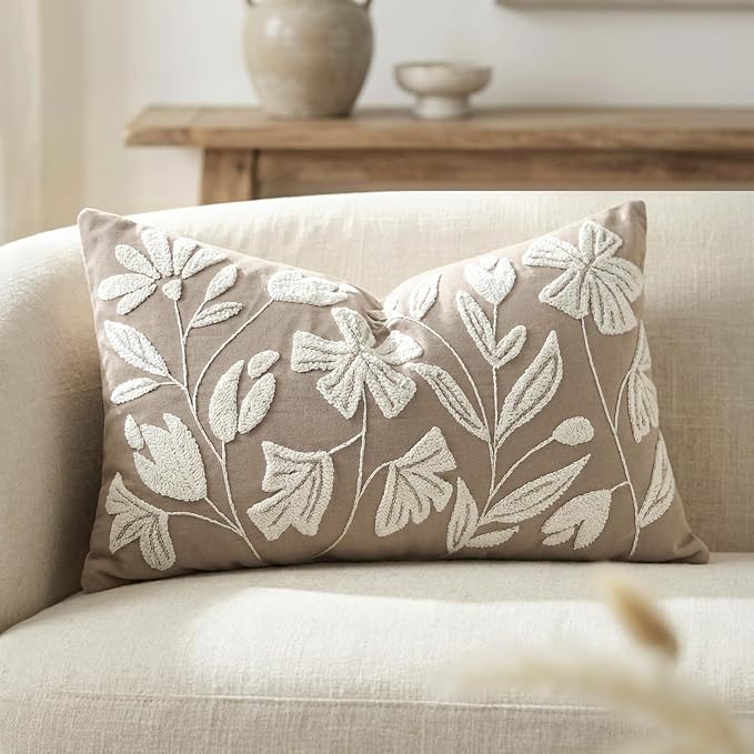 BlissBlush Decorative Lumbar Pillow Cover 12x20, Light Taupe Accent Velvet Throw Pillowcase for Couch Sofa Living Room, Floral Tufted Rectangular Cushion, Cover Only