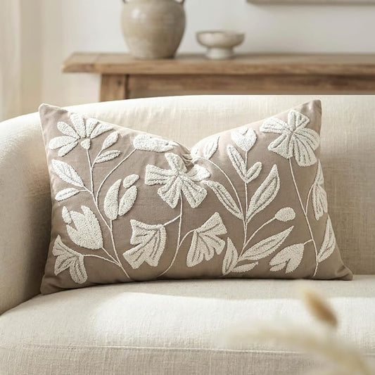 BlissBlush Decorative Lumbar Pillow Cover 12x20, Light Taupe Accent Velvet Throw Pillowcase for Couch Sofa Living Room, Floral Tufted Rectangular Cushion, Cover Only