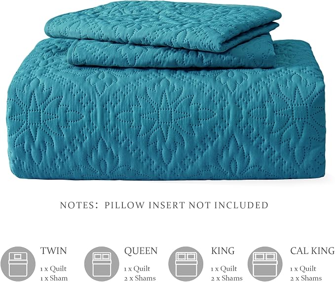 Exclusivo Mezcla California King Quilt Set, Teal | Lightweight Soft Bedspreads Coverlets, All Season Bedding with 2 Pillow Shams, Modern Style for Bedroom Guest Room