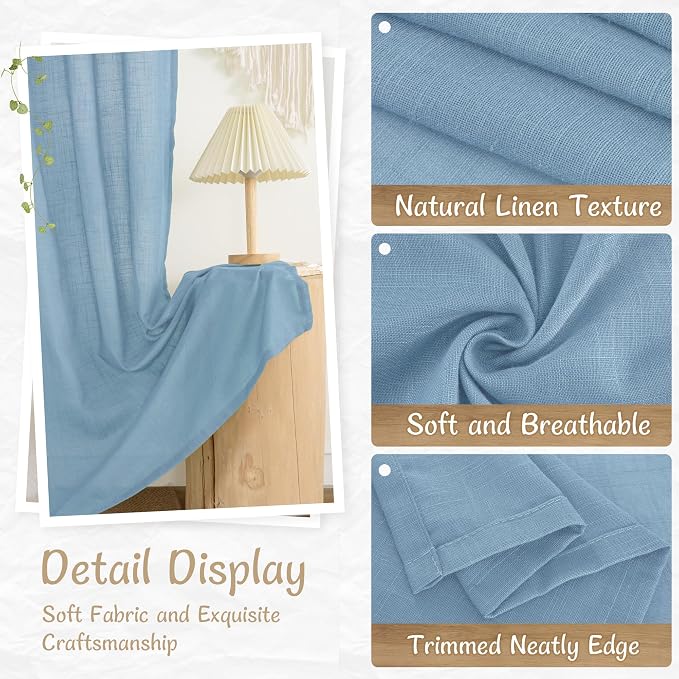 Linen Curtains for Living Room 96 inch Long 2 Panels, 52 x 96 Inch | Blue, Light Filtering Semi Sheer Curtains, Farmhouse Boho, Back Tab Rod Pocket, Drapes for Bedroom, Sliding Glass Door