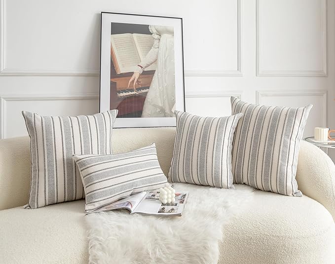 Cethom Decorative Boho Throw Pillow Covers, Farmhouse Textured Pillow Case, 22 x 22 Inch Set of 2, Chair Sofa Bedroom Living Room Home Decor Couch Cushion Case, Grey and Beige Striped
