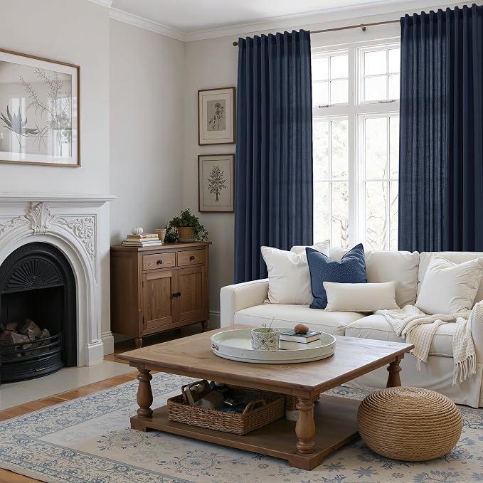 Linen Curtains 96 Inches Long for Living Room Back Tab Semi Sheer Floor to Ceiling 8ft Light Filtering Curtain Boho Farmhouse Decor Window Drapes for Bedroom 52x96 2 Panels Navy Blue