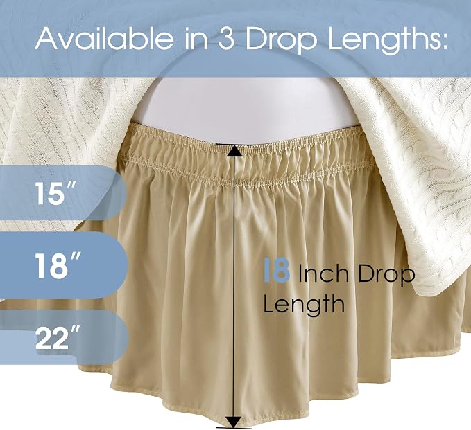 FreshCulture Elastic Wrap Around Bed Skirt - Easy Fit with 18-Inch Tailored Drop, Hotel Quality Dust Ruffle for Full Size Bed (Beige)
