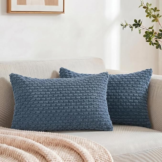 Fancy Homi 2 Packs Dusty Blue Decorative Throw Pillow Covers 12x20 Inch for Couch Bed Sofa, Modern Farmhouse Boho Home Decor, Soft Cute Plush Corduroy Cushion Case 30x50 CM