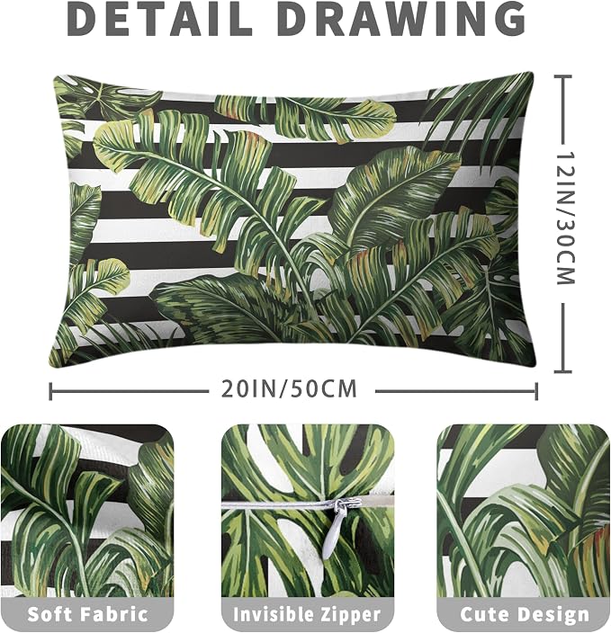 Tropical Leaves Lumbar Pillow Covers Set of 2 Summer Palm Leaves Rectangle Pillow Case 12x20 Black and White Geometric Waist Throw Pillow Covers for Living Room Sofa