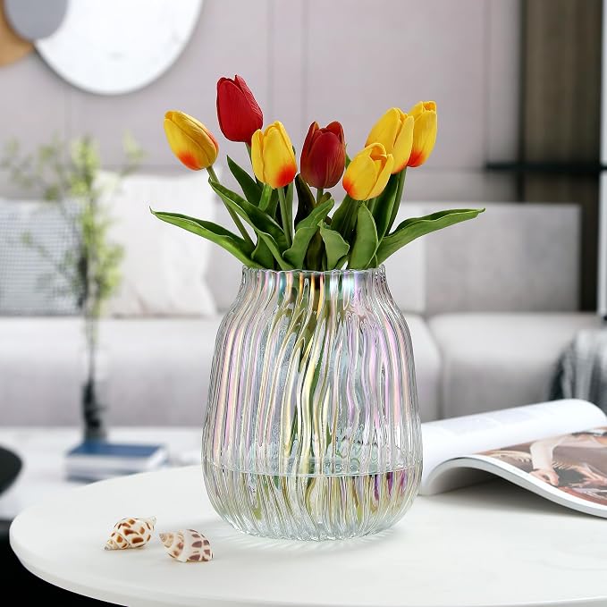 Large Colored Glass Vase for Home Decor Ribbed Tall Gold Floor Vase 8.0" Decorative Vases for Table Centerpieces Flowers Decor and Farmhouse(Colored 8.0in)
