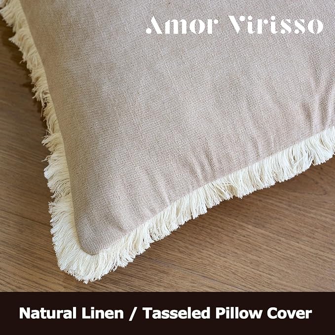 Amor Virisso Fringe Throw Pillow Covers 20x20 Set of 2 Boho Neutral Farmhouse Decorative Pillow Covers with Tassels for Couch Sofa Bed, Neutral