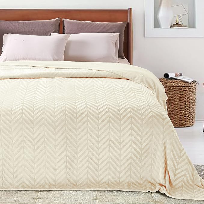 Whale Flotilla Flannel Fleece Bed Blanket Twin Size, Ivory | Lightweight Breathable Soft Bedspread, Plush Fluffy Coverlet Chevron Design Decorative Blanket for All Season, 60x80 Inch