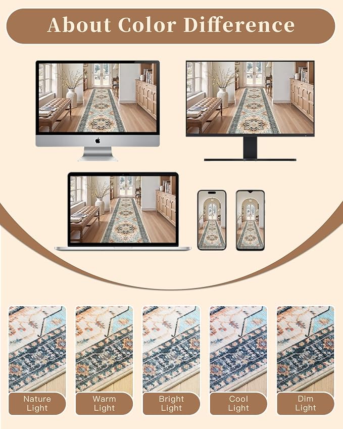 Madane Washable Runner Rugs 2x10 Long for Hallway Kitchen, Orange/Blue | Non-Slip Low-Pile 10ft Rug Runners Soft, Stain-Resistant Floor Carpet Mat for Entrance, Living Dining Laundry Room, Stair