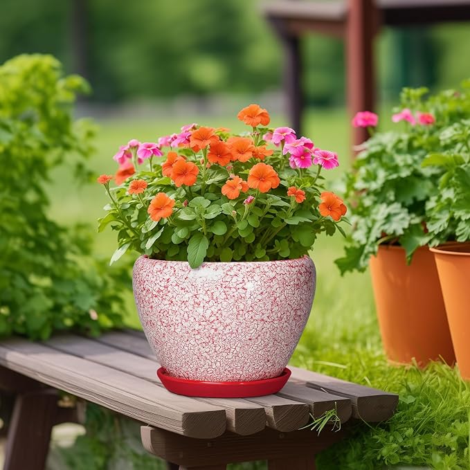 10 Inch Pots for Plants, Ceramic Planter Pots, Crackle Red | Decorative Planter with Drainage Hole and Saucer, Modern Flower Pot for Indoor Plants, House Decor, Plant Lover Gifts