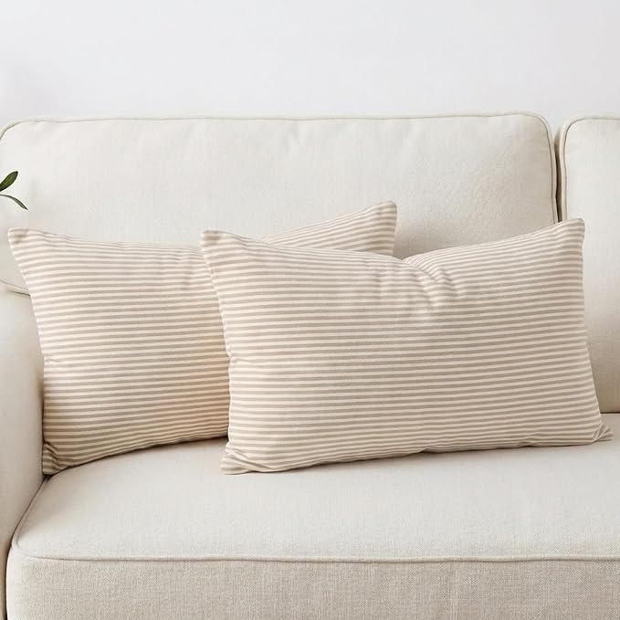 Farmhouse Brown Khaki Striped Lumbar Decorative Pillow Cover 12x20 Set of 2