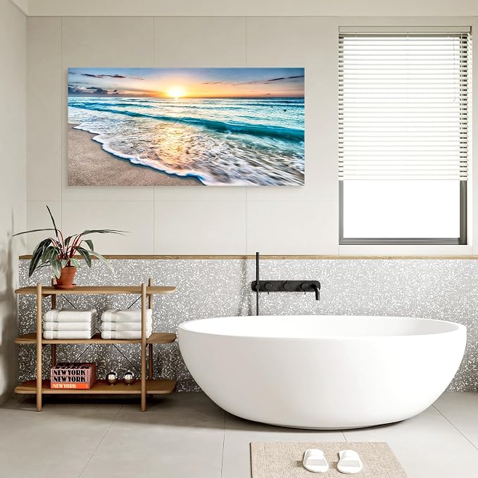 Baisuart S02298 Canvas Prints Wall Art Beach Sunset Ocean Waves Nature Pictures Stretched Canvas Wooden Framed for living Room Bedroom and Office