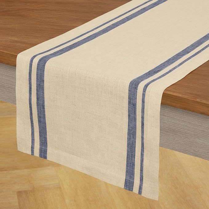 Solino Home 100% Linen Table Runner, 14 x 120 in, Navy and Natural Striped | French Stripe, brings a tailored look to family meals and hosting, woven stripe, European flax fibres, OEKO-TEX Certified
