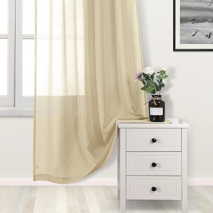DWCN Beige Sheer Curtains, Short Faux Linen Voile Semi Sheer 54 Inches Long Grommet Top Window Curtain Drapes Treatment for Living Room Bedroom, Set of 2 Panels 46 x 54 Inches, Beige