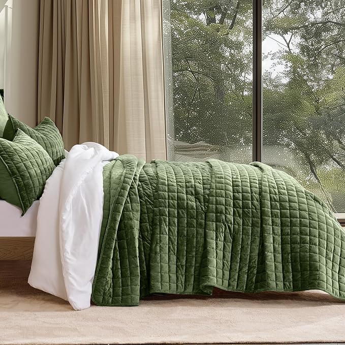 RECYCO Channel Box Stitch Velvet Quilt Set, King Size, Loden Green | Ultra Soft Lightweight Velvet Comforter, Luxury Oversized Bedspread Coverlet, Quilted Bedding Set for All Season with 2 Shams