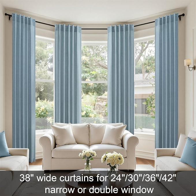 Light Blue Curtains 38 Inch Wide for Living Room 2 Panels Back Tab Rod Pocket Lightweight Semi Sheer Linen Skinny Small Curtains for Windows Farmhouse Bedroom Decor Grey Blue Gray Width 38 x 96 Long