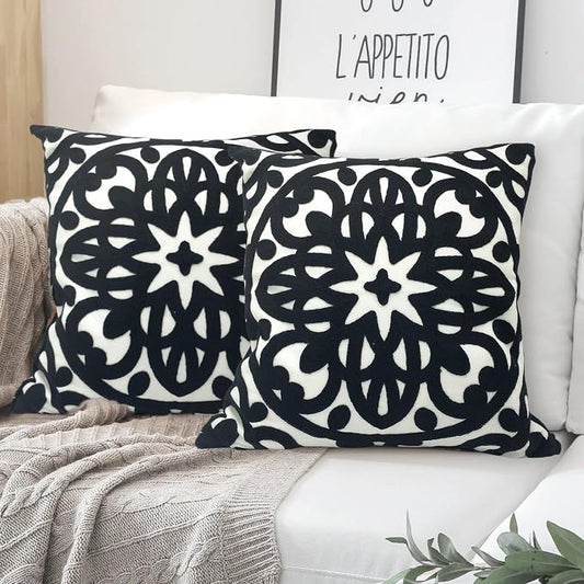 Boho Mandala Embroidered Throw Pillow Covers 18x18 Inch Set of 2