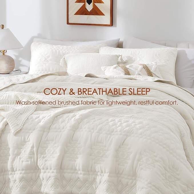 WDCOZY Boho Ivory Oversized California Cal King Size Quilt Bedding Sets with 2 Pillow Shams, Cream White Farmhouse Lightweight Soft Bedspread Coverlet for All Season, 3 Pieces