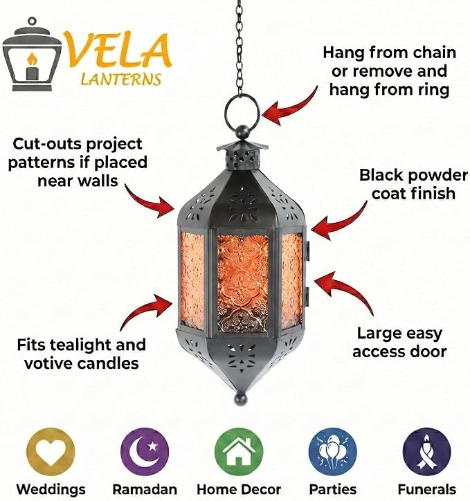 Vela Lanterns Hanging Moroccan Lamp - Exotic Decorative Patio & Porch Decor, Indoor Outdoor Tea Light Candle Lantern Holder with Chain (11" Medium, Amber/Orange Glass)