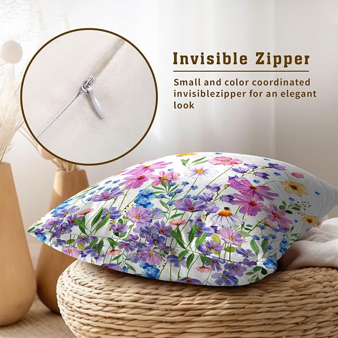 Watercolor Floral Pillow Covers 22x22 Inches Set of 2 Spring Summer Wildflower Butterfly Cotton Cushion Covers for Home Home Sofa Couch