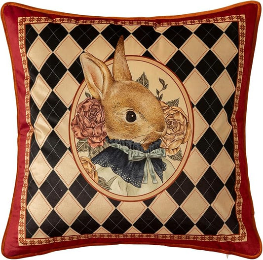 Vintage Christmas Pillow Cover 18x18, Checkered Bunny | Designer High End Rabbit Pillow Cover, Red Velvet Throw Pillow Decorative for Couch Sofa Bedroom Home Holiday