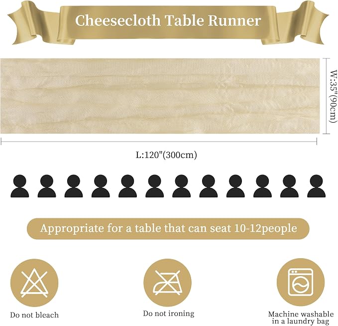 AGIRL Beige Cheesecloth Table Runner 35×120 Inch Fall Boho Gauze Home Decor | Rustic cheese cloths Sheer Gauze for Wedding Bridal Baby Shower Birthday Party Table Decor Halloween Thanksgiving Christmas