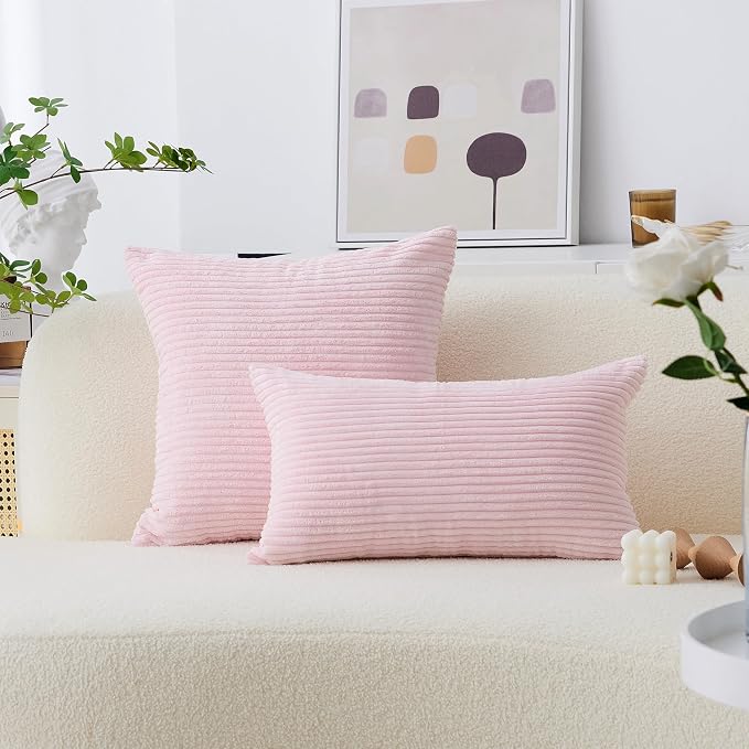 Home Brilliant Blush Pink Pillow Covers Throw Pillow Covers for Women Super Soft Striped Velvet Pillow Covers Set of 2 26x26 inch, Blush Pink