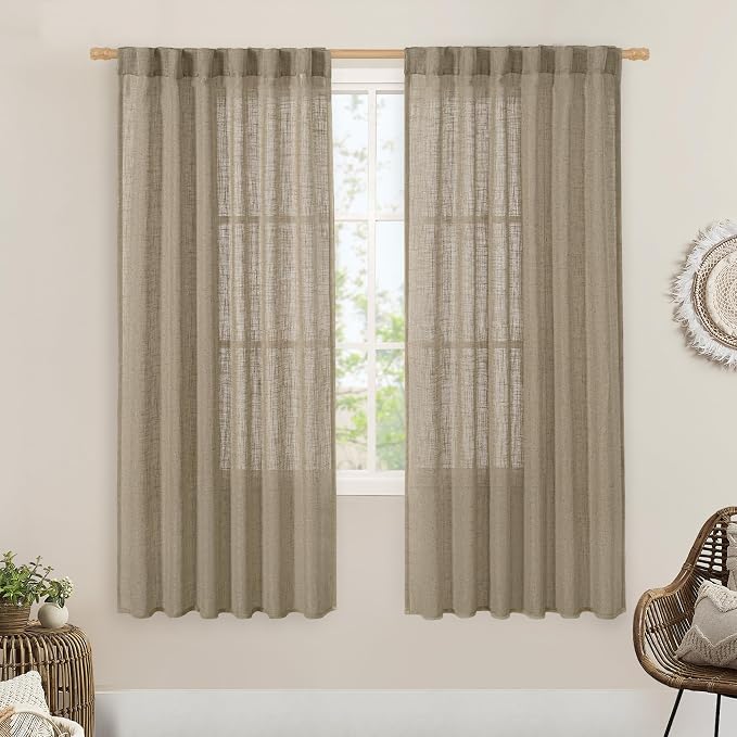 Light Filtering Linen Curtains 68 inches Long for Bedroom 2 Panels | Light Filtering Panels, Semi Sheer, Rod Pocket Back Tab, Neutral Drapes for Bedroom, Window, Living Room, Taupe, 52 x 68 Inch