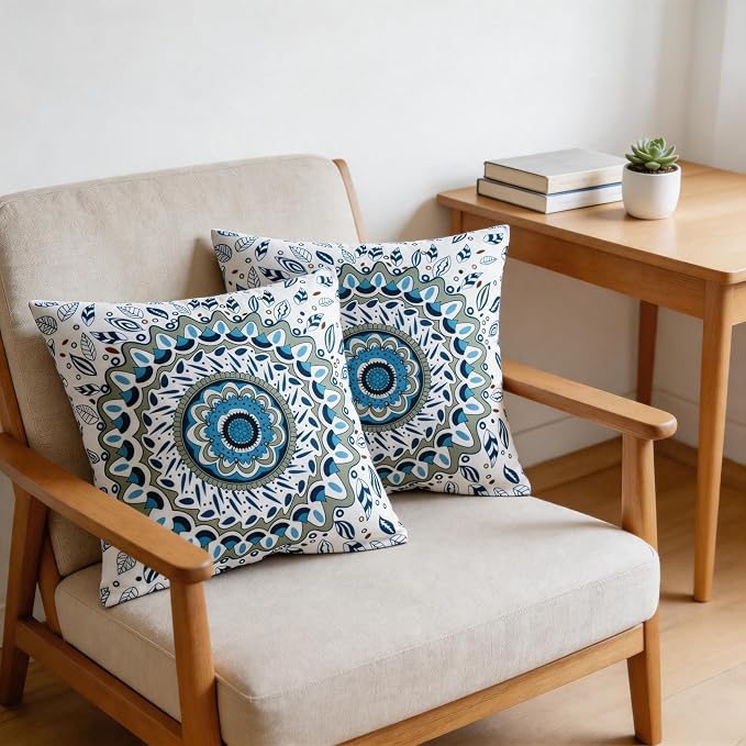 Boho Throw Pillow Covers 18x18 Set of 2 Blue Mandala Decorative Cushion Covers with Hidden Zipper Soft Polyester Double Sided Machine Washable