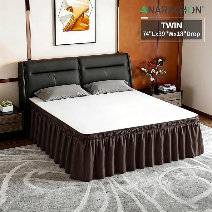 ANARACHON Twin Bed Skirt, Elastic Wrap Around Bed Skirt Twin Size, Bed Skirts for Adjustable Bed, Easy Fit with 18" Drop Length Tailored Drop Dust Ruffle (Brwon)