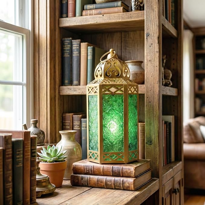 Vela Lanterns 12" Metal Moroccan Decorative Candle Lantern Holders for Hanging or Table, Indoor Home Decor, Outdoor Patio or Porch, Weddings, Gold, Green Glass, Large