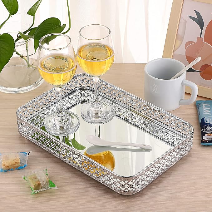 ELLDOO Silver Mirror Glass Perfume & Makeup Vanity Tray, Medium Size