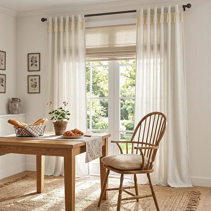 jinchan Linen Curtains for Living Room Bedroom Light Filtering Semi Sheer Curtains Boho Farmhouse French Country Cottage Core Decor Window Drapes Back Tab 90 Inch Length Tassel Beige