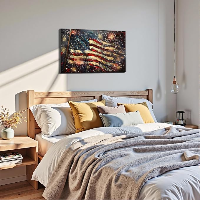 Framed 4th of July Fireworks American Flag Wall Art, Patriotic USA Canvas Art Pictures, Flag Wall Decor for Living Room Man Cave Bar, Ready to Hang Made in USA