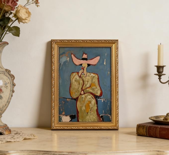 Vintage Gold Framed Bar Wall Art, Modern Western Cowgirl With Martini Canvas Print, Red and Pink Abstract Woman Painting Picture, Cocktail Poster Print Artwork for Kitchen Dining Room Home Bar