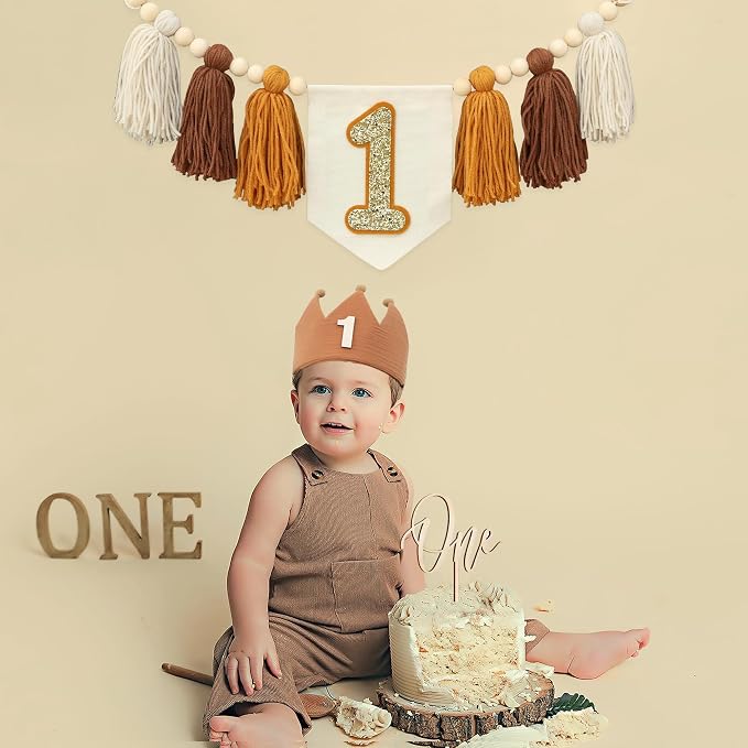 Baby Boy First Birthday Party Decorations Brown High Chair Banner 1st Crown Cake Topper 1st Birthday Decor